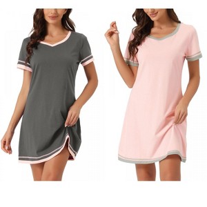 INSPIRE CHIC Women's 2 Pcs Short-Sleeve Nightshirt Color-Block V-Neck Sleepdress Set - 1 of 4