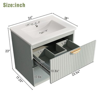 24" Green MDF Wall Mounted Bathroom Vanity with Ceramic Sink
