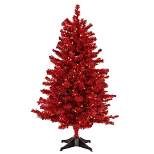 National Tree Company 4 Foot Full Bodied Flocked Prelit Artificial Christmas Holiday Tree with 200 Clear Lights, 311 Branch Tips, & Metal Stand, Red