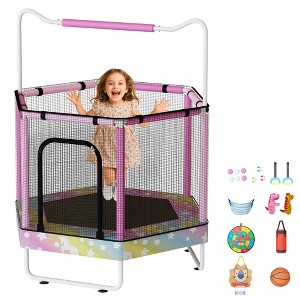 Hooseng 55" Hexagon Trampoline for Kids with Safety Enclosure Net, Indoor & Outdoor Toddler Trampoline with Adjustable Gymnastics Bar & Toys - 1 of 4