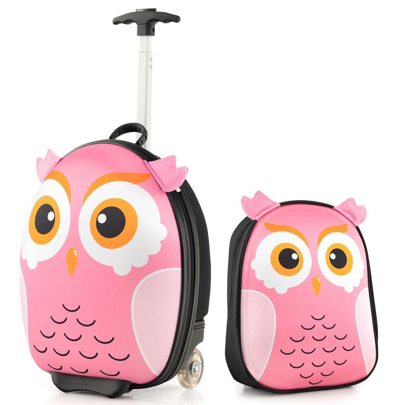 Costway 2PCS Kids Carry On Luggage Set 16'' Owl Rolling Suitcase with 12'' Backpack Travel Pink/White/Yellow, 1 of 10