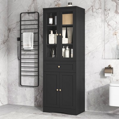 CAVINAS 67" Tall Bathroom Storage Cabinet with Glass Doors & 1 Drawer,Floorstanding Storage Cabinet for Bathroom,Matte Black Finish