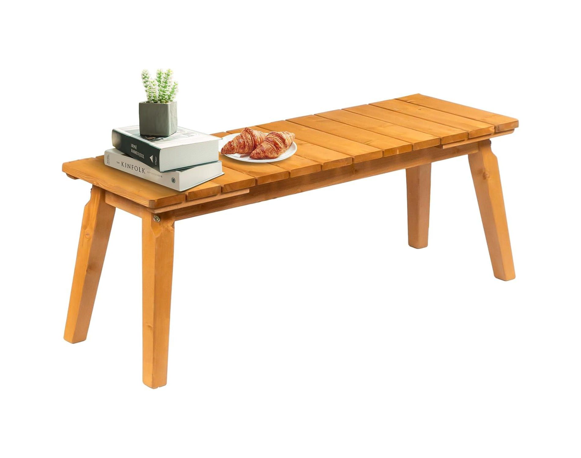 VINGLI Outdoor Wooden Bench, 46” 2-Person Backless Dining Bench, Weatherproof Outdoor Patio Bench for Porch Entryway Garden (1, Teak)