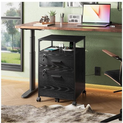 Black Wood 2-Drawer Mobile File Cabinet with Open Shelf
