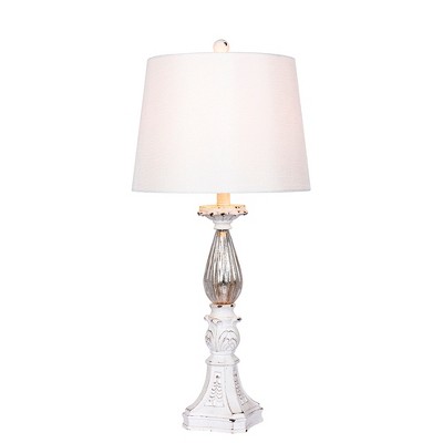 Distressed, Filigree Candlestick Mercury Glass Table Lamp Antique White  - Fangio Lighting