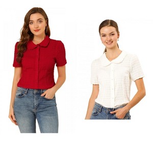 Allegra K Women's Sweet Ruffle Trim Peter Pan Collar Button-Down Shirt 2 Packs - 1 of 4
