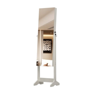 GlasFlength Full Length Mirrors Standing Jewelry Cabinet Armoire with Mirror Lockable Cabinet Interior Mirror for Room, White, 16.1"*14.1"*63.5"