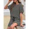 Imily Bela Women's striped pajama set, casual 2-piece set, short-sleeve loose T-shirt with drawstring shorts set - 4 of 4