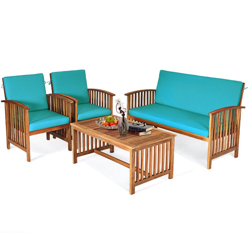 Costway 4PCS Patio Solid Wood Furniture Set Conversation Coffee Table TurquoiseBlack Cushion, 2 of 11