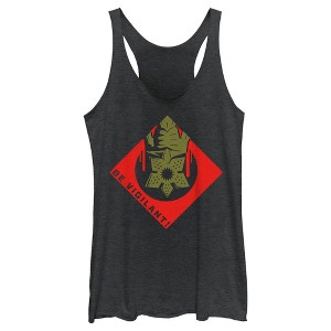 Women's Stranger Things Be Vigilant Demogorgon Badge Racerback Tank Top - 1 of 4