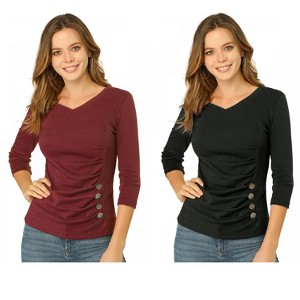 INSPIRE CHIC Women's V Neck 3/4 Sleeves Solid Knitted Buttons Decor Ruched Blouse 2 Packs - 1 of 4