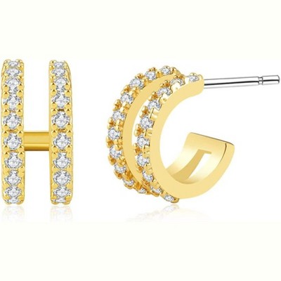 14K Gold Plated Triple Huggie Illusion Stud Earrings | Double Huggie Hoop Earrings for One Hole | Gold Hoop Earrings for Women