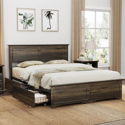 Brafabhome Mid-Century Wood Queen Bed Frames with 4 Storage Drawers, Rustic High Headboard Platform Bed Frame for Bedroom, No Box Spring Needed