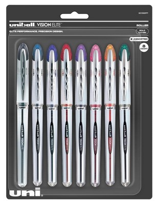 uni Vision Elite Roller Ball Stick Pen, 0.8 mm Bold Tip, Assorted Colors, Set of 8