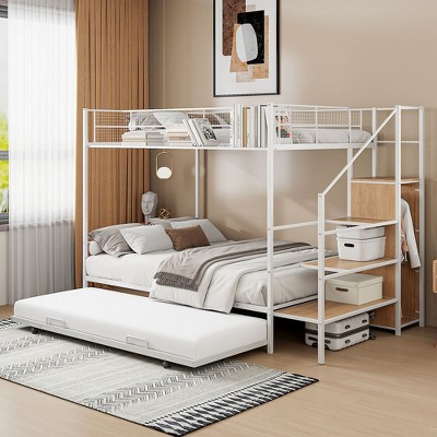 CAVINAS Twin Bunk Beds for Kids, Metal Twin Bed Frame with Drawer and Lateral Storage Ladder and Wardrobe for Bedroom, Living Room