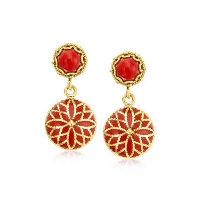 Ross-Simons Red Coral Drop Earrings With Red Enamel in 18kt Gold Over Sterling