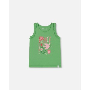 Deux par Deux Girl Organic Cotton Tank with Frills Flowers on Green Background - 1 of 4