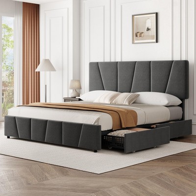 Whizmax Bed Frame with Adjustable Headboard and 2 Storage Drawers, Velvet Upholstered Tufted Platform Bed Frames with Wooden Slats Support