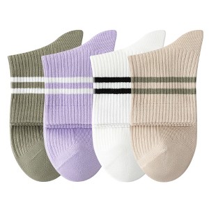 Anna-Kaci Womens Athletic Crew Socks 4-Pack Ribbed Knit Design Contrast Double Stripe Stretch Comfort Everyday Fit - 1 of 4