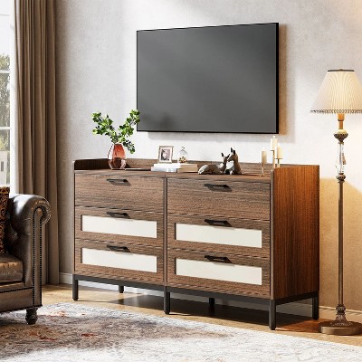 Mid-Century Modern Brown Double Dresser with Six Drawers