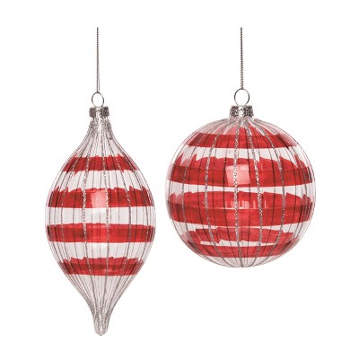 Transpac Glass Red Striped Ornament Set of 2 Christmas Home Decorations