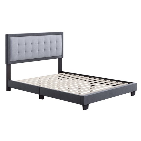 Queen Tobias Velvet Button Tufted Upholstered Platform Bed Frame Gray ...