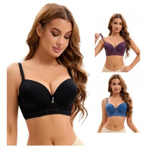 INSPIRE CHIC 3 Pcs Women's Lace Trim Underwire Adjustable Straps Plus Cup Size Push Up Bras - 1 of 4