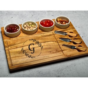 Picnic at Ascot - Large Personalized Monogrammed Premium Acacia Charcuterie Board Set with Ceramic Bowls & Cheese Knives - 17" x 13" - 1 of 4