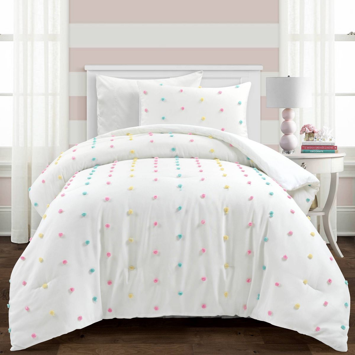 2pc Twin/Twin XL Rainbow Tufted Dot Oversized Kids' Comforter Set - Lush Décor: Teen Bedding, Microfiber, Polka Dots