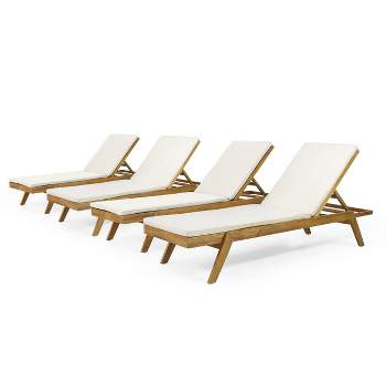 Caily 4pk Outdoor Acacia Wood Chaise Lounges with Cushions - Teak/Cream - Christopher Knight Home