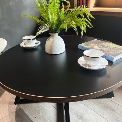 Vynxaria Distressed Gray Round Coffee Tables with Black Frame