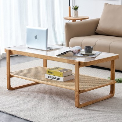 VYNXARIA Modern Double-Layer Solid Wood Coffee Table with Glass Top and Rattan Accents