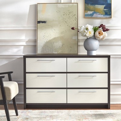 Buylateral 6 Drawer Modern Dresser White/Espresso: Laminated MDF, Bedroom Storage, Anti-Tip Hardware
