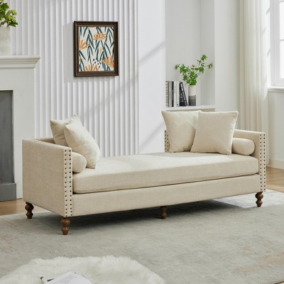 75.2''W Chenille Upholstered Chaise Lounge with Rubberwood Legs & Nailheads Armrests, Daybed With 4 Throw Pillows & 2 Bolsters - ModernLuxe