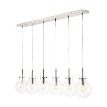 40.5" 6-Light Harlow Modern Contemporary Round Glass/Iron LED Linear Pendant Nickel/Clear - JONATHAN Y