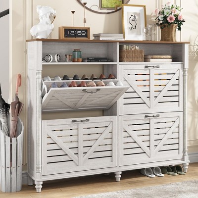 Wooden Shoe Cabinet Storage with Flip Drawers & Open Storage, Hidden Narrow Shoe Rack, White Grey
