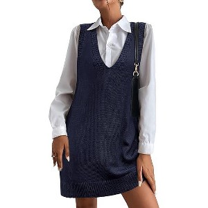 Zeagoo Womens Sweater Vest Dress Pattern Knitted Pullovers Sweaters V Neck Tank Sweater Dress with Pockets - 1 of 4