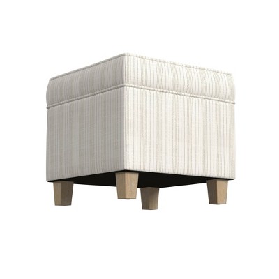 Cream Pinstripe Tufted Square Storage Ottoman with Wood Legs
