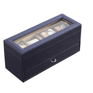 HomeRoots 9" Blue And Clear Faux Leather And Glass Four Section Watch Box With Metal Accents - 1 of 4