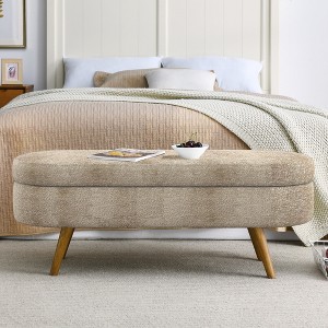 VASIP Ottoman Storage Bench with Lift Top - 43.5" Upholstered Oval Entryway Bench | Rubber Wood Legs | Beige Fabric Seat - 1 of 4