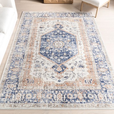 Reversible Vintage Floral Blue Synthetic Area Rug, 5' x 7'