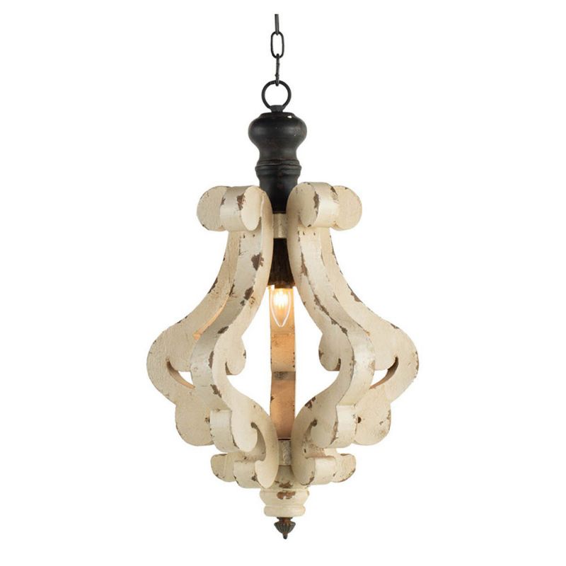 Farmhouse Chandelier, Distressed White Pendant French Country Wood Chandelier for Living Room Foyer, Bulb Not Included-The Pop Home, 5 of 8