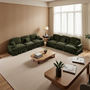 Classic Chenille Sleeper Sofa Couch with Flared Arms, Removable Skirt & 3 Ottomans - 1 of 4