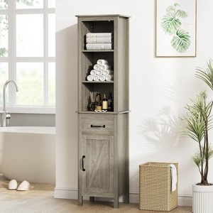 Tall Storage Cabinet - 62.9" Freestanding Linen Tower, Farmhouse Design with 5 Shelves & Drawer, Adjustable Shelf - 1 of 4