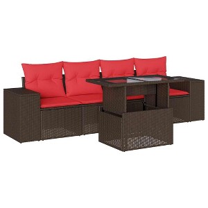 vidaXL Patio Sofa Set with Cushions Table and Couches 5 Piece Poly Rattan - Brown without storage - 1 of 4