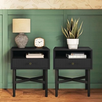 Photo 1 of Stead Fluted Modern Nightstand Set of 2 - Solid Sliding Drawer and Solid Wood Legs (Black Finish)