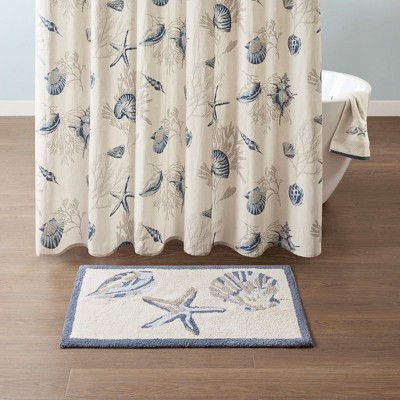 MAYEERTY Reversible High Pile Tufted Shell Pattern Bath Rug Soft Blue