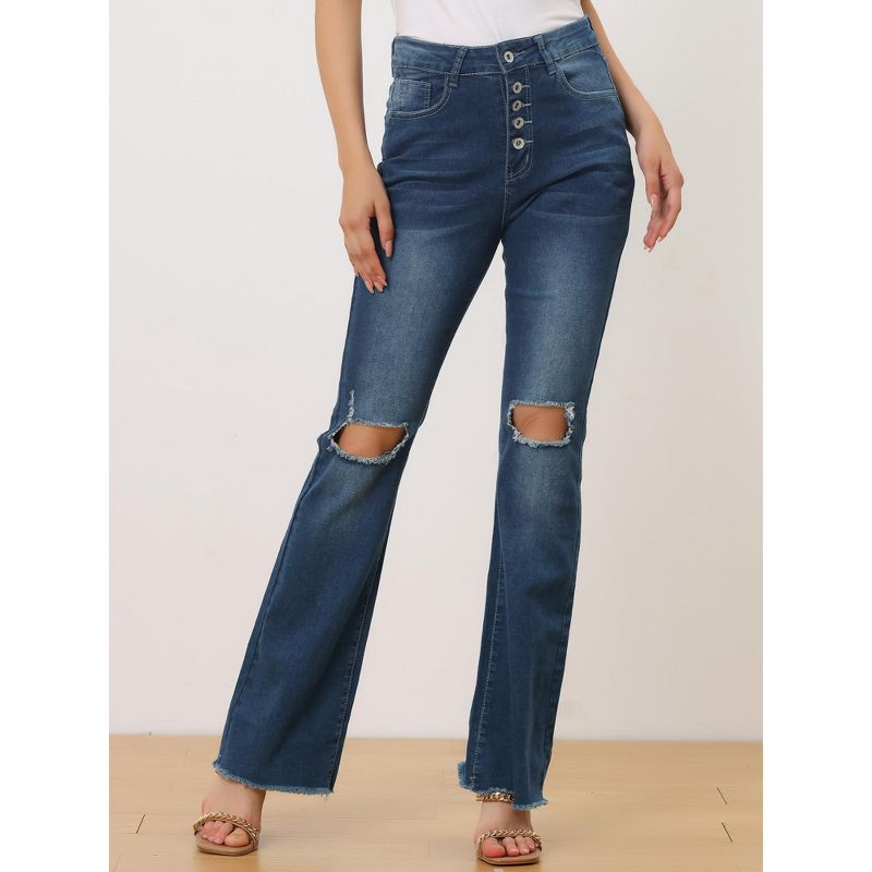 Allegra K Women's High Waisted Button Ripped Bell Bottom Flare Jeans, 2 of 6
