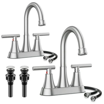 LunaLulinlk Silver 4" stainless steel bathroom sink faucet with pop-up drain and 2 water supply hoses