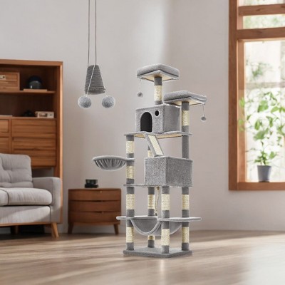 81.1 Inch Large Cat Tree Tower  with 13 Scratching Posts, 2 Perches, 2 Caves, Basket, Hammock, Pompoms - Multi-Level Plush Cat Condo for Indoor Cats